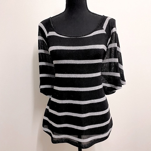 INC Black & Silver, Boatneck, Shimmery, Striped, Flowy, 3/4 Sleeve Shirt - Picture 4 of 15